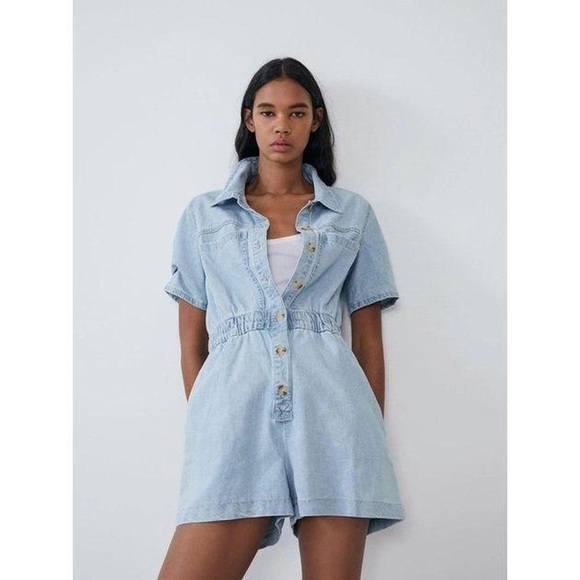 Zara denim playsuit romper utility button down short sleeve light wash pockets - Picture 3 of 8